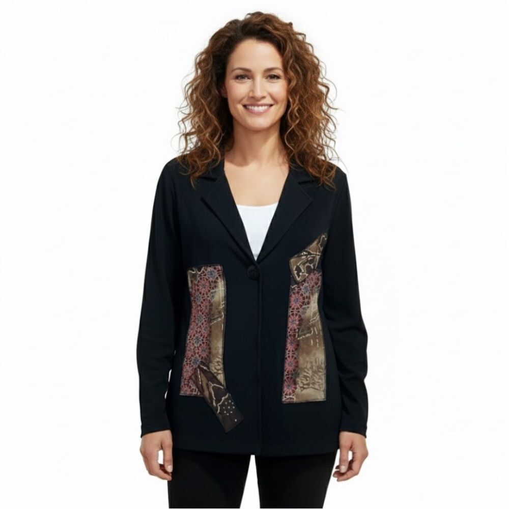 Picadilly Fashions Floral Patchwork Black Blazer Cardigan Size Medium
